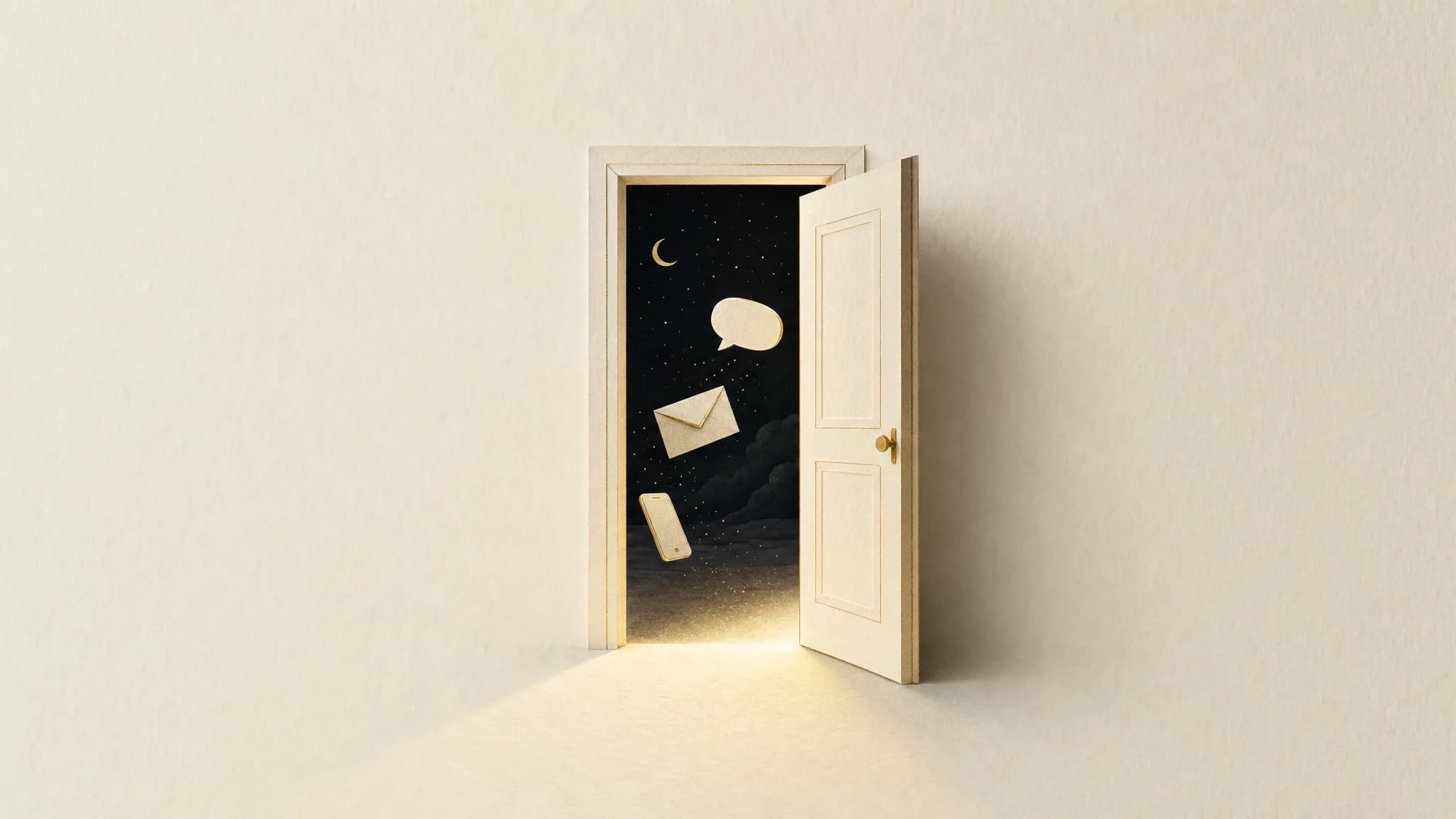 A softly lit paper doorway standing ajar at night on a cream and gold editorial background, with a phone, an envelope and a chat bubble drifting through it — a metaphor for enquiries arriving through every channel after the working day ends.