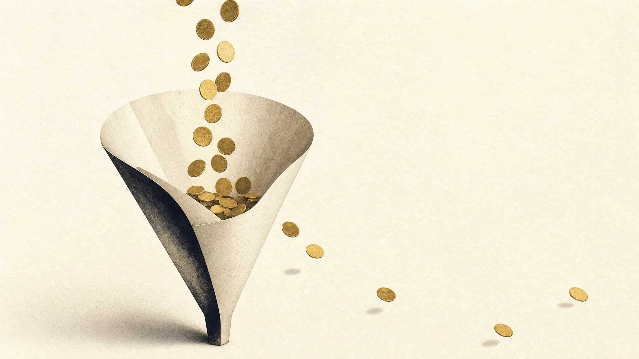 An open paper funnel on cream paper catching a stream of small gold discs from above, with several discs missing the funnel and scattering off the edge of the page — a metaphor for a website that generates interest but loses leads before they're captured.