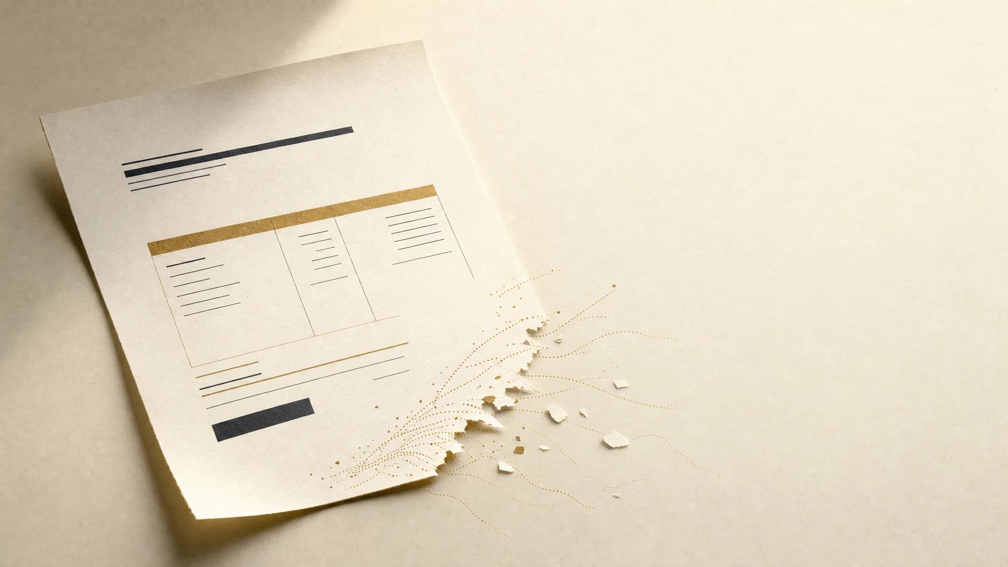 A printed price quote on cream paper with one corner unravelling into faint gold dotted lines that trail off the page — a metaphor for a quote sent into silence.