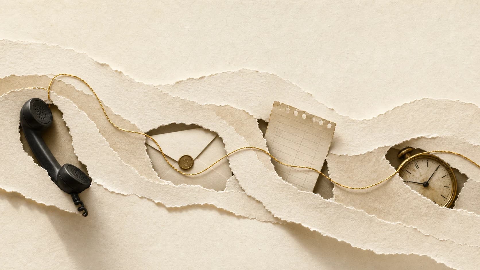 A telephone, envelope, quotation sheet and clock slipping through torn paper paths linked by a gold thread